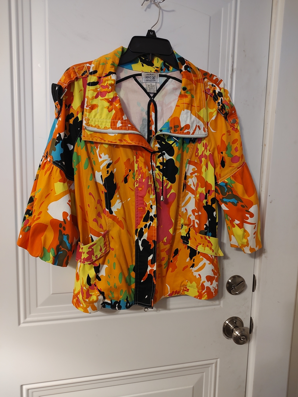 just be Bright Abstract Print Jacket in Yellow, Orange, Black, White, Teal